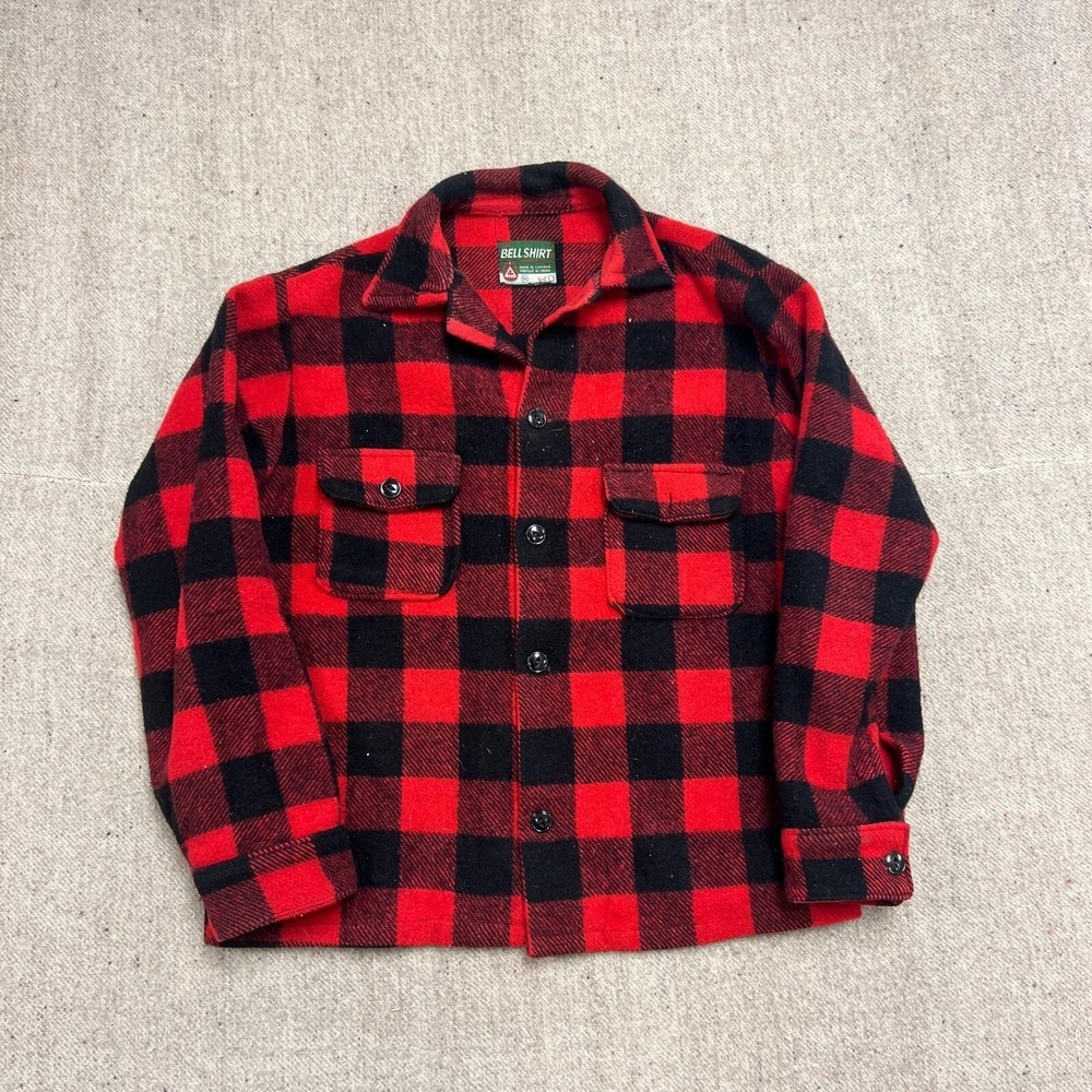 Vintage Bell Shirt Wool Button Up Mens Medium Red 1960s Plaid Flannel